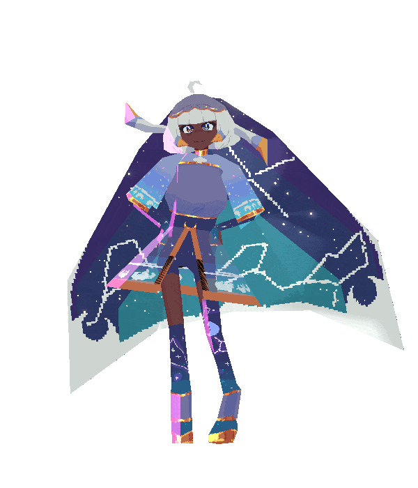 normal low poly, complex details, simple animation, environmental lighting and misc shader (veil + skirt sparkles). + 2 expressions